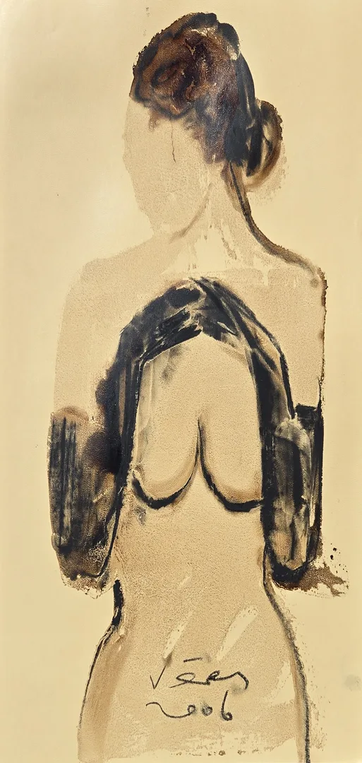 yakınlaştır "İsimsiz" eseri VEDAT ÖRS tarafından 2006 yılında 60x40 cm ölçülerinde Derici kağıdı üzerine zift tekniği ile yapılmıştır.