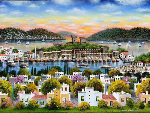 "Bodrum" eseri YALÇIN GÖKÇEBAĞ tarafından 2020 yılında 60x80 cm ölçülerinde Tuval üzeri yağlı boya tekniği ile yapılmıştır.