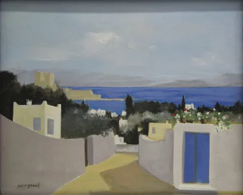 YAŞAR YENİCELİ — “Bodrumda Sokak”, 1986 "Bodrumda Sokak" eseri YAŞAR YENİCELİ tarafından 1986 yılında 34x42 cm ölçülerinde Tuval üzeri yağlı boya tekniği ile yapılmıştır.
