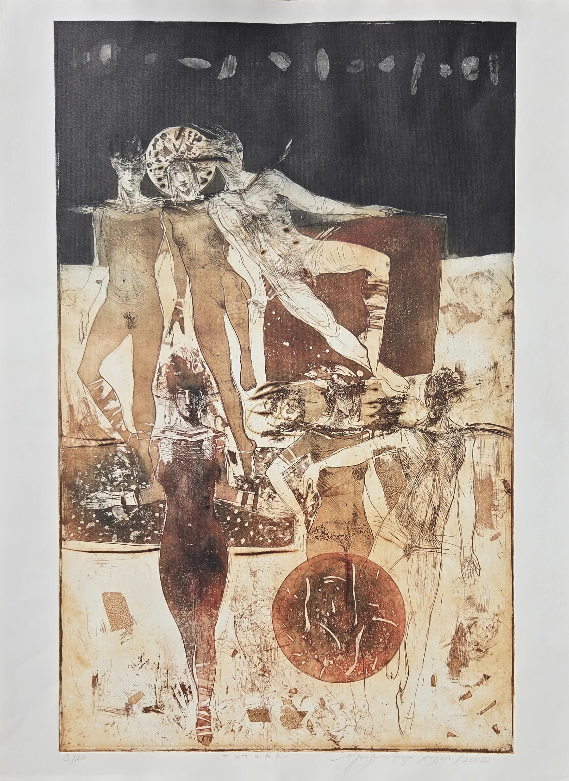 "Tutsak" eseri YUSUF ZİYA AYGEN tarafından 2002 yılında 87x60 cm ölçülerinde Gravür tekniği ile yapılmıştır.