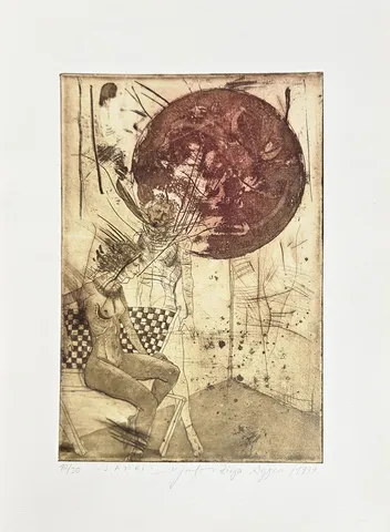 YUSUF ZİYA AYGEN — “Sanrı”, 1999 "Sanrı" eseri YUSUF ZİYA AYGEN tarafından 1999 yılında 35x25 cm ölçülerinde Gravür tekniği ile yapılmıştır.