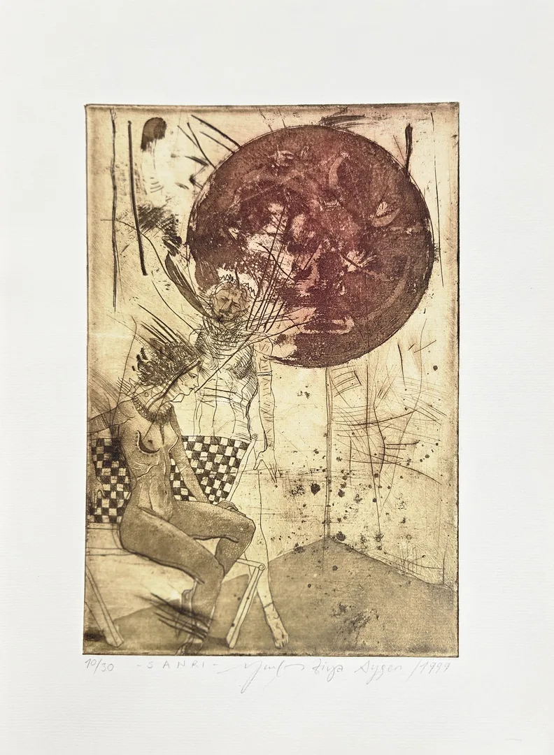 yakınlaştır "Sanrı" eseri YUSUF ZİYA AYGEN tarafından 1999 yılında 35x25 cm ölçülerinde Gravür tekniği ile yapılmıştır.