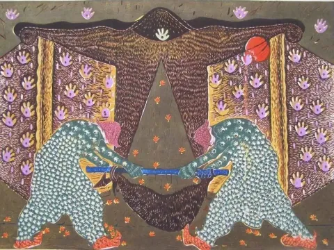 "Yayık Yayanlar" eseri HASAN KIRAN tarafından 2006 yılında 62x86 cm ölçülerinde Ağaç Baskı tekniği ile yapılmıştır.