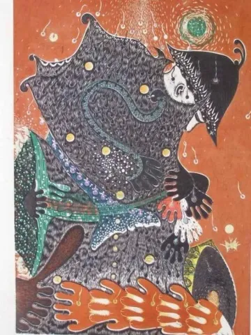 HASAN KIRAN — “Bereket”, 2005 "Bereket" eseri HASAN KIRAN tarafından 2005 yılında 131x91 cm ölçülerinde Ağaç Baskı tekniği ile yapılmıştır.