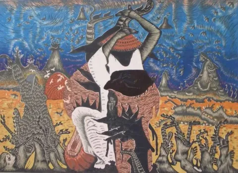 HASAN KIRAN — “Şamanların Yüzleşmesi”, 2007 "Şamanların Yüzleşmesi" eseri HASAN KIRAN tarafından 2007 yılında 90x120 cm ölçülerinde Ağaç Baskı tekniği ile yapılmıştır.