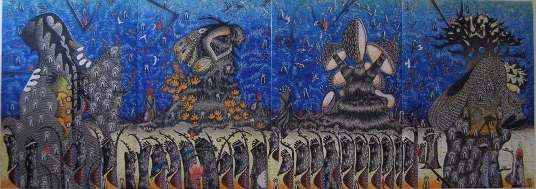 yakınlaştır "Oy Bu Sene Bu Sene 37 Sazım Çalındı" eseri HASAN KIRAN tarafından 2007 yılında 120x340 cm ölçülerinde Ağaç Baskı tekniği ile yapılmıştır.