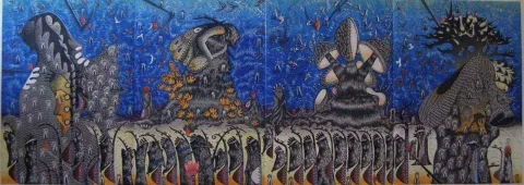 HASAN KIRAN — “Oy Bu Sene Bu Sene 37 Sazım Çalındı”, 2007 "Oy Bu Sene Bu Sene 37 Sazım Çalındı" eseri HASAN KIRAN tarafından 2007 yılında 120x340 cm ölçülerinde Ağaç Baskı tekniği ile yapılmıştır.