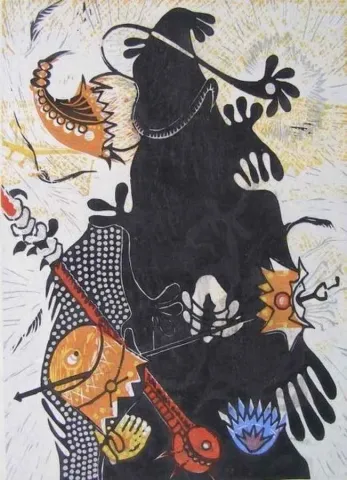 HASAN KIRAN — “Şaman”, 2004 "Şaman" eseri HASAN KIRAN tarafından 2004 yılında 47x34 cm ölçülerinde Ağaç Baskı tekniği ile yapılmıştır.