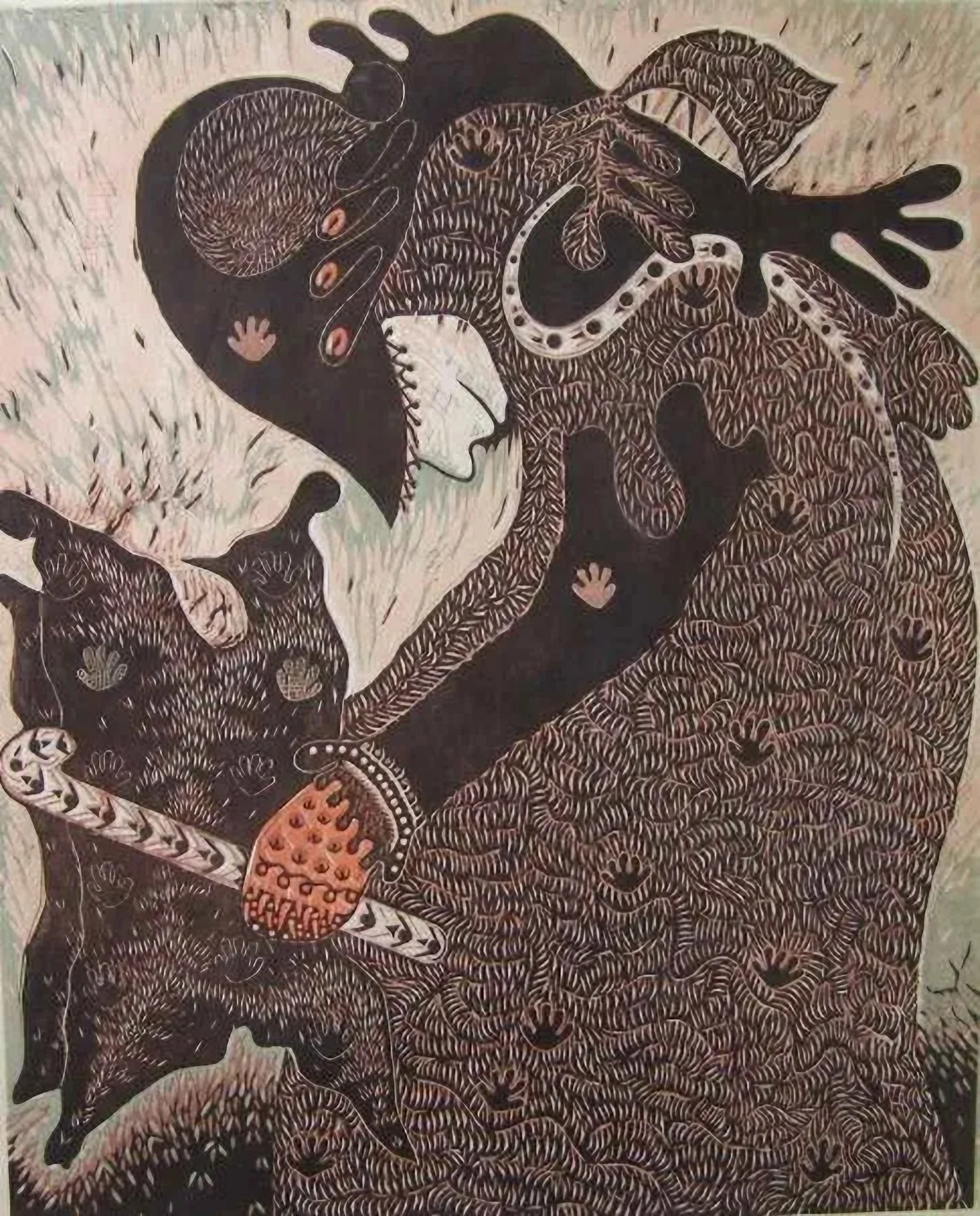 "Ayin Töreninde Şaman" eseri HASAN KIRAN tarafından 2005 yılında 110x90 cm ölçülerinde Ağaç Baskı tekniği ile yapılmıştır.