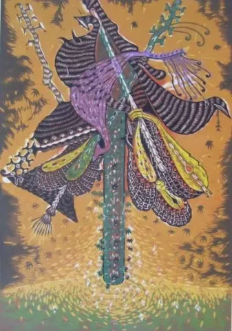 HASAN KIRAN — “Şamanın Çalgıları”, 2006 "Şamanın Çalgıları" eseri HASAN KIRAN tarafından 2006 yılında 72x50 cm ölçülerinde Ağaç Baskı tekniği ile yapılmıştır.
