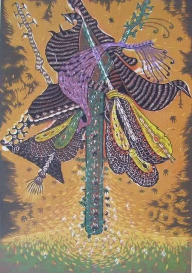 yakınlaştır "Şamanın Çalgıları" eseri HASAN KIRAN tarafından 2006 yılında 72x50 cm ölçülerinde Ağaç Baskı tekniği ile yapılmıştır.