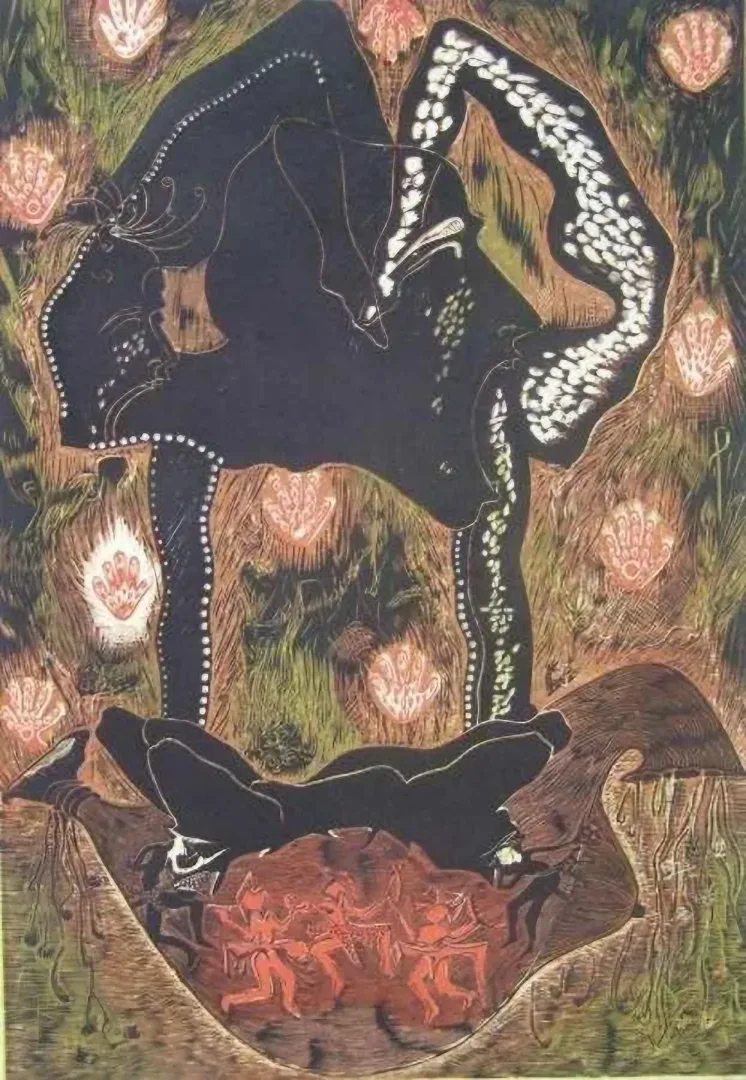 "Dans" eseri HASAN KIRAN tarafından 2004 yılında 81x55 cm ölçülerinde Ağaç Baskı tekniği ile yapılmıştır.