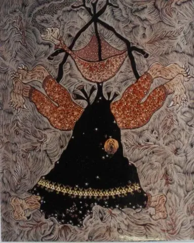 HASAN KIRAN — “Siyah Kalemnin Demonları”, 2003 "Siyah Kalemnin Demonları" eseri HASAN KIRAN tarafından 2003 yılında 105x85 cm ölçülerinde Ağaç Baskı tekniği ile yapılmıştır.