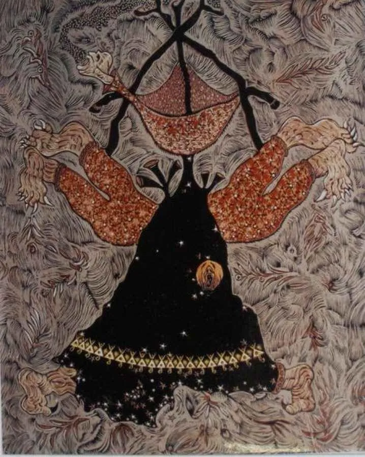 yakınlaştır "Siyah Kalemnin Demonları" eseri HASAN KIRAN tarafından 2003 yılında 105x85 cm ölçülerinde Ağaç Baskı tekniği ile yapılmıştır.