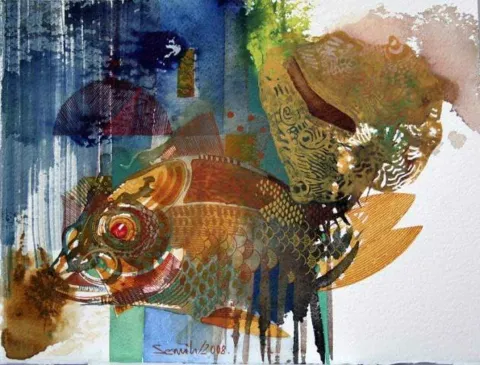 "Kabuklu" eseri SEMİH KAPLAN tarafından 2008 yılında 29x38 cm ölçülerinde Kağıt üzeri sulu boya tekniği ile yapılmıştır.