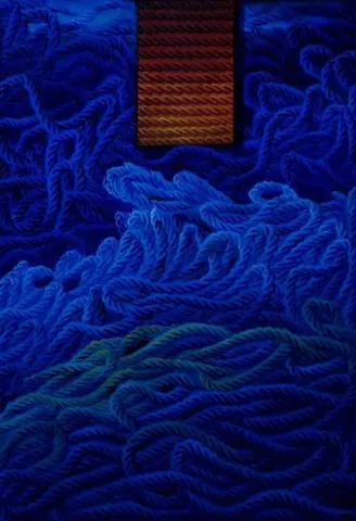 "Mavi Üzerine Notlar-V" eseri AHMET YEŞİL tarafından 2007 yılında 65x45 cm ölçülerinde Tuval üzeri yağlı boya tekniği ile yapılmıştır.