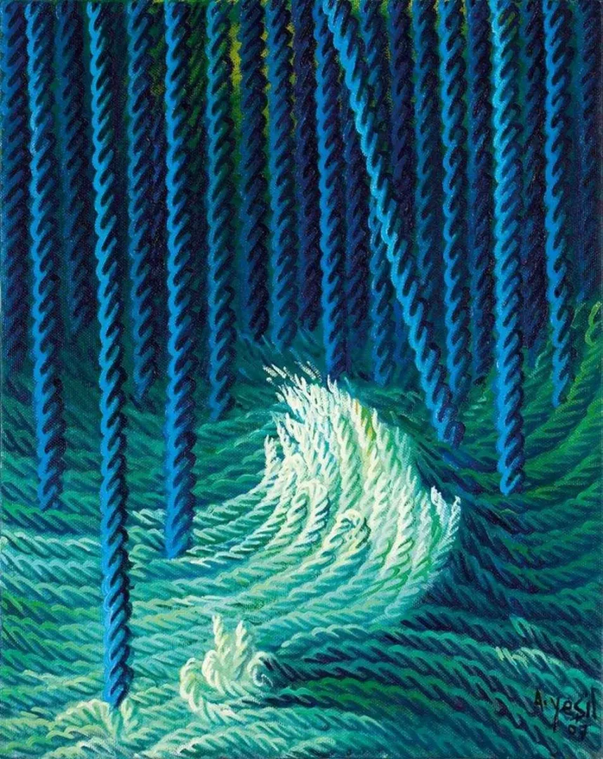 yakınlaştır "Mavi Üzerine Notlar" eseri AHMET YEŞİL tarafından 2006 yılında 45x35 cm ölçülerinde Tuval üzeri yağlı boya tekniği ile yapılmıştır.