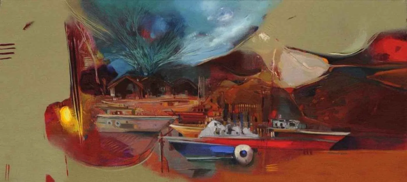 "Tekneler" eseri HAKAN ESMER tarafından 2010 yılında 50x110 cm ölçülerinde Tuval üzeri yağlı boya tekniği ile yapılmıştır.