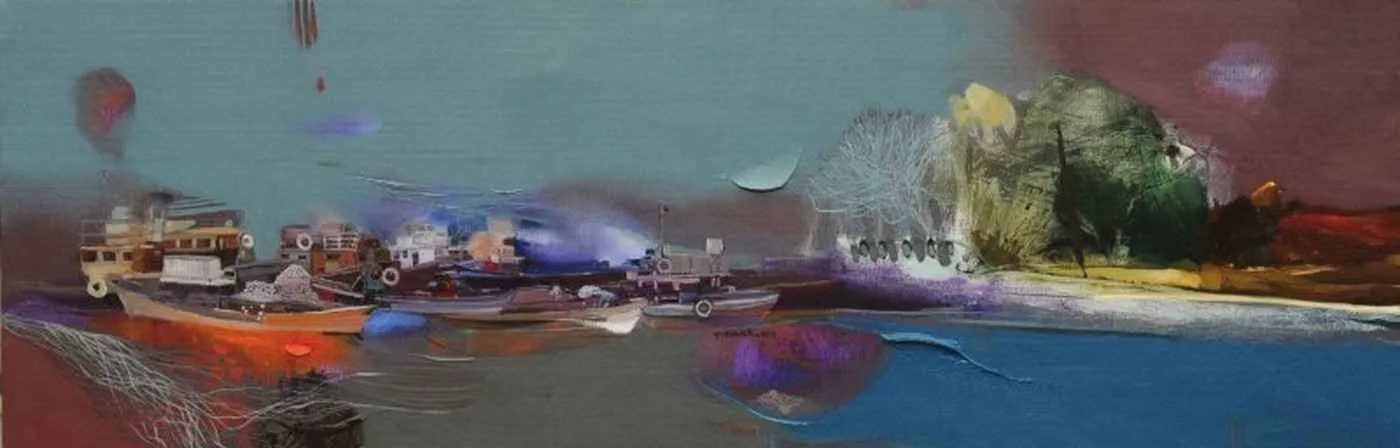 "Tekneler" eseri HAKAN ESMER tarafından 2010 yılında 40x120 cm ölçülerinde Tuval üzeri yağlı boya tekniği ile yapılmıştır.