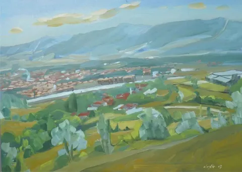 MEHMET ALAGÖZ — “Kürkçüler Köyü Üstlerinden”, 2007 "Kürkçüler Köyü Üstlerinden" eseri MEHMET ALAGÖZ tarafından 2007 yılında 125x90 cm ölçülerinde Tuval üzeri yağlı boya tekniği ile yapılmıştır.