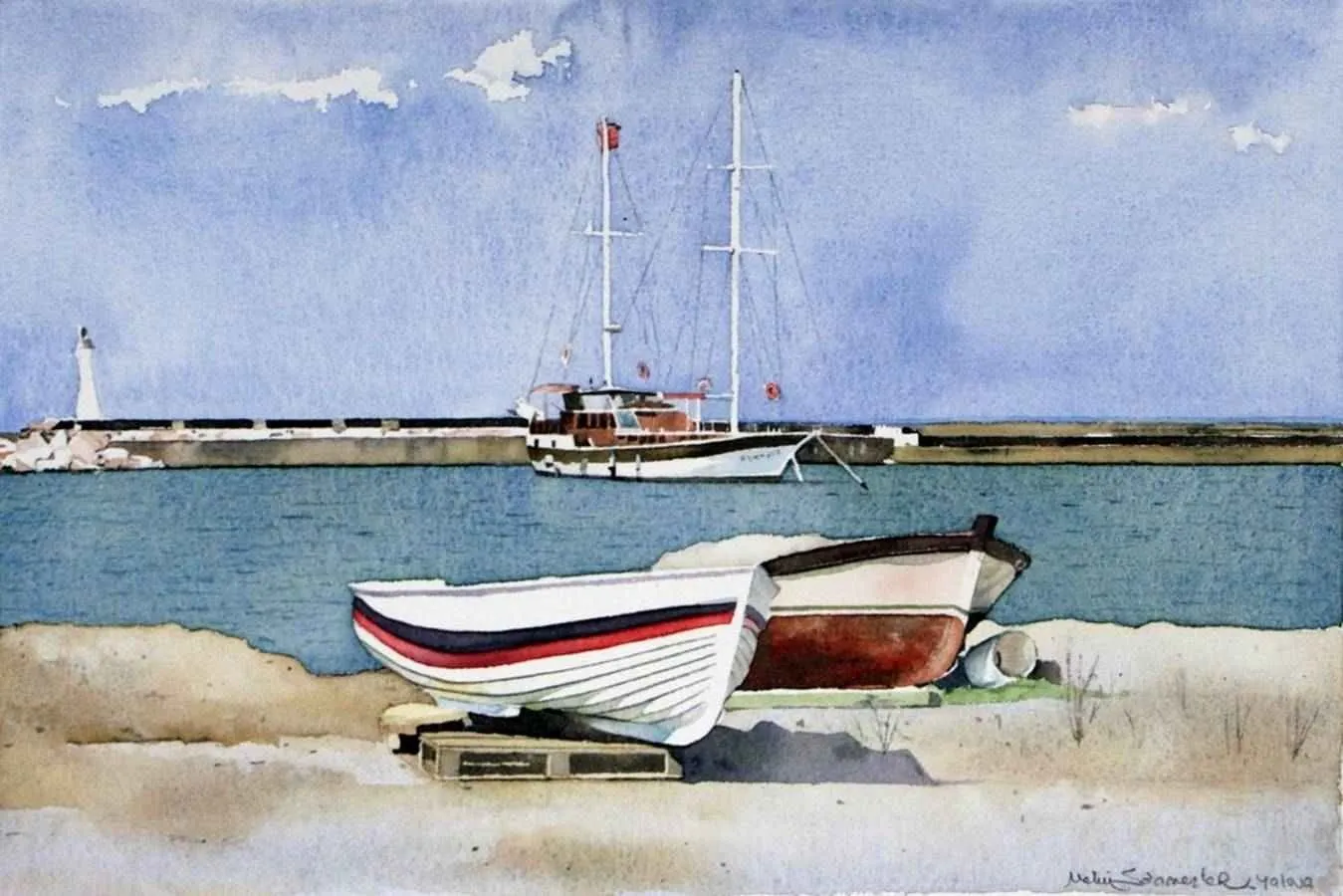 "isimsiz" eseri METİN SÖNMEZLER tarafından 2010 yılında 29x44 cm ölçülerinde Kağıt üzeri sulu boya tekniği ile yapılmıştır.