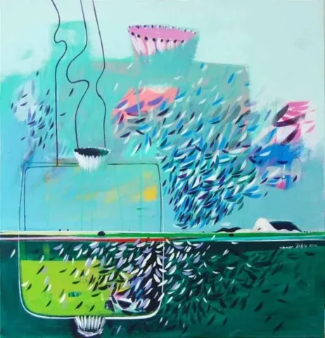 "isimsiz" eseri TAMER BİLGİÇ tarafından 2010 yılında 70x70 cm ölçülerinde Tuval üzeri akrilik boya tekniği ile yapılmıştır.