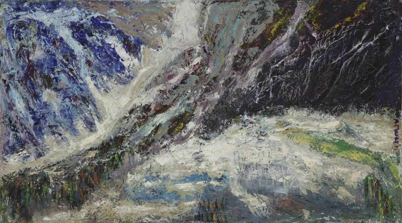 "Kayan Dağ" eseri AHMET MEREY tarafından 2011 yılında 100x180 cm ölçülerinde Tuval üzeri yağlı boya tekniği ile yapılmıştır.
