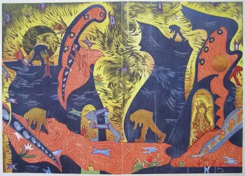 "Arayış VII Tsunami Günlüğü" eseri HASAN KIRAN tarafından 2011 yılında 106x144 cm ölçülerinde Ağaç Baskı tekniği ile yapılmıştır.