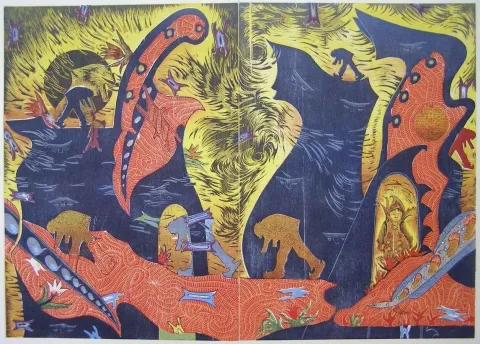 "Arayış VII Tsunami Günlüğü" eseri HASAN KIRAN tarafından 2011 yılında 106x144 cm ölçülerinde Ağaç Baskı tekniği ile yapılmıştır.