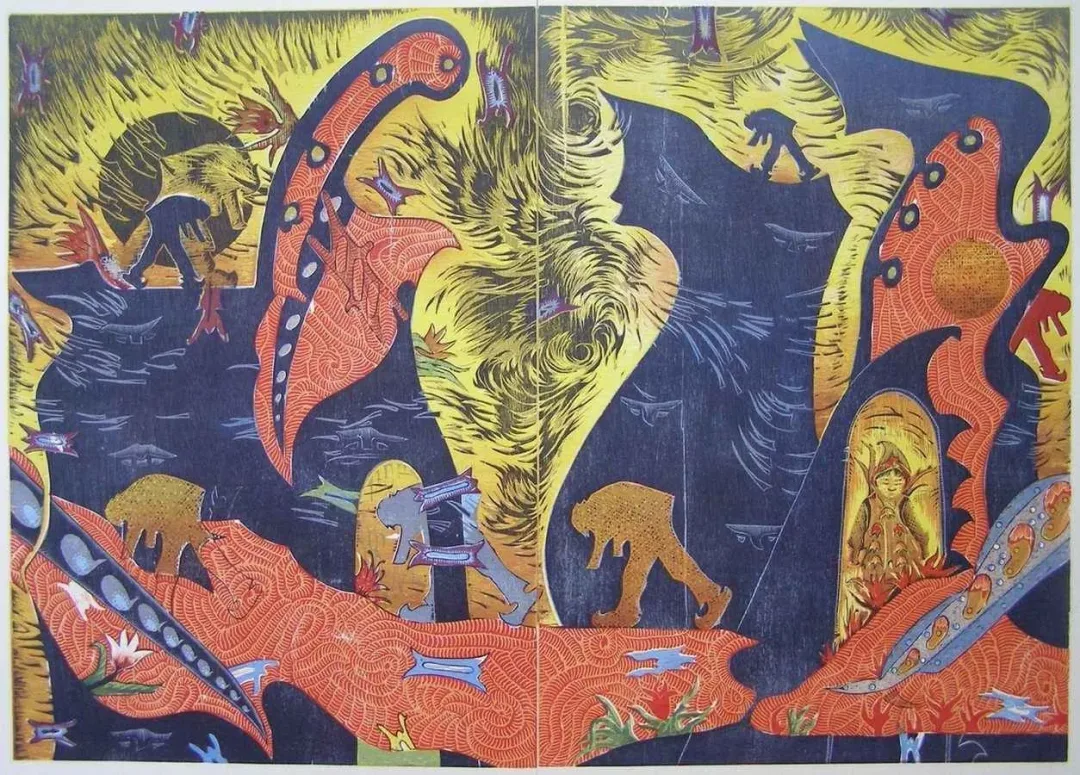 yakınlaştır "Arayış VII Tsunami Günlüğü" eseri HASAN KIRAN tarafından 2011 yılında 106x144 cm ölçülerinde Ağaç Baskı tekniği ile yapılmıştır.