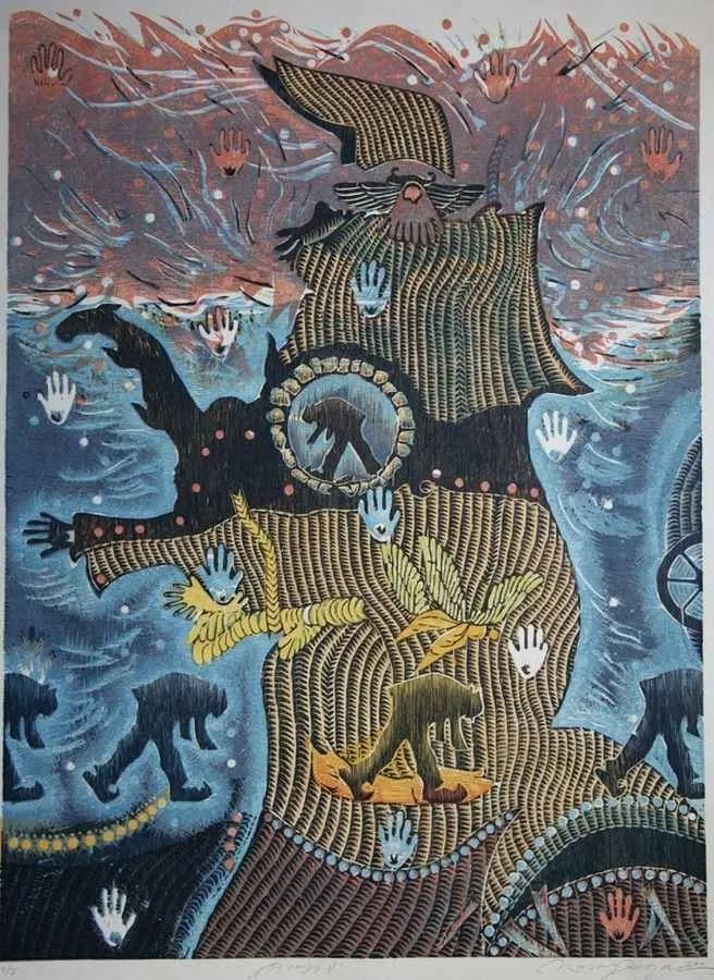 yakınlaştır "Arayış-V" eseri HASAN KIRAN tarafından 2011 yılında 108x79.5 cm ölçülerinde Ağaç Baskı tekniği ile yapılmıştır.