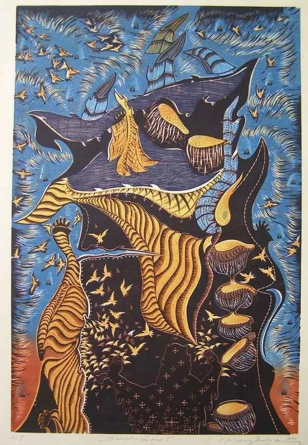 "Şamanın Rüyası I" eseri HASAN KIRAN tarafından 2011 yılında 81x54 cm ölçülerinde Ağaç Baskı tekniği ile yapılmıştır.