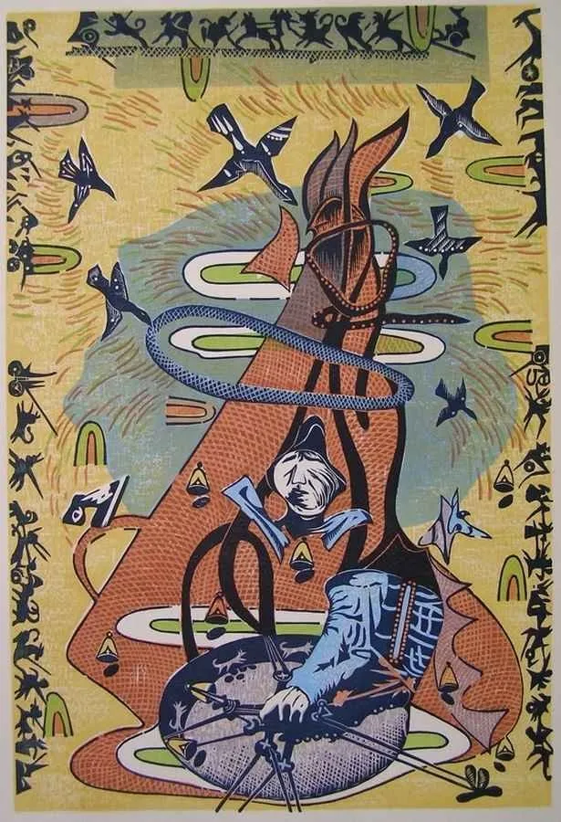 yakınlaştır "Şamanın Rüyası" eseri HASAN KIRAN tarafından 2011 yılında 68x46 cm ölçülerinde Ağaç Baskı tekniği ile yapılmıştır.