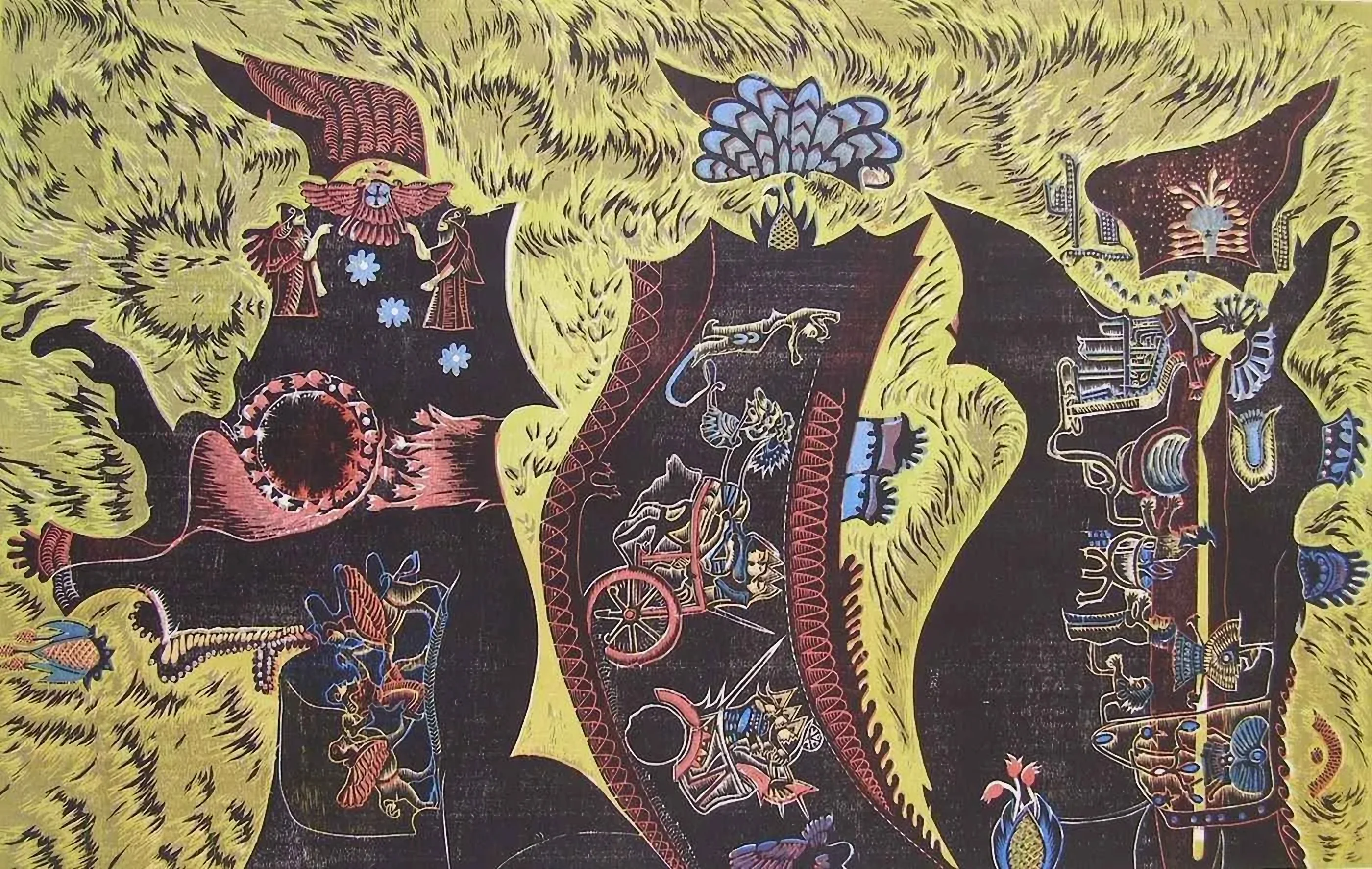 "Söylenceler-Urartu" eseri HASAN KIRAN tarafından 2010 yılında 79x123 cm ölçülerinde Ağaç Baskı tekniği ile yapılmıştır.