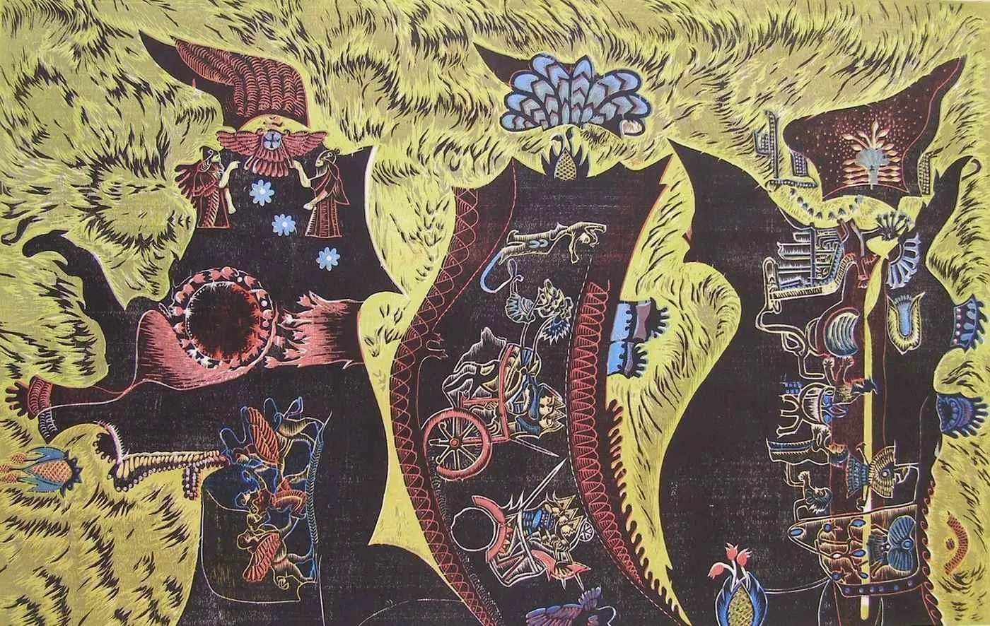 "Söylenceler-Urartu" eseri HASAN KIRAN tarafından 2010 yılında 79x123 cm ölçülerinde Ağaç Baskı tekniği ile yapılmıştır.