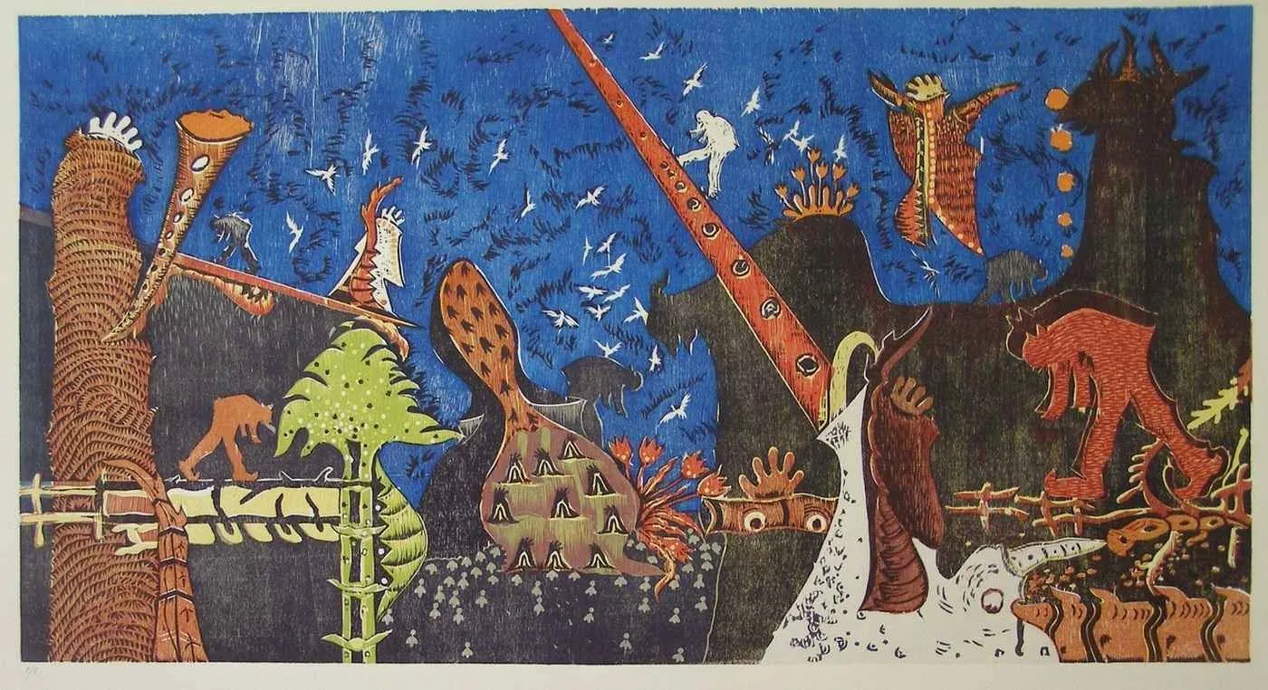 "Arayış IV" eseri HASAN KIRAN tarafından 2010 yılında 80x132 cm ölçülerinde Ağaç Baskı tekniği ile yapılmıştır.
