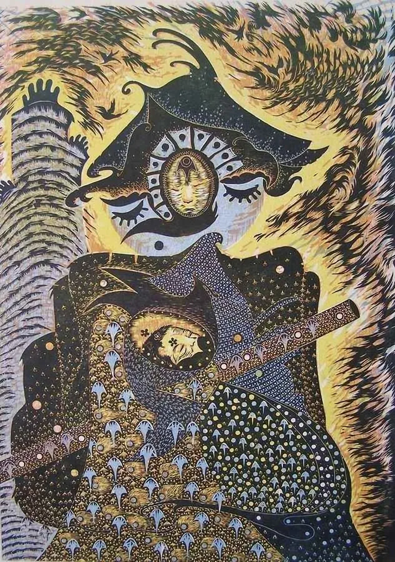 "Şamanez-II" eseri HASAN KIRAN tarafından 2009 yılında 86x62 cm ölçülerinde Ağaç Baskı tekniği ile yapılmıştır.