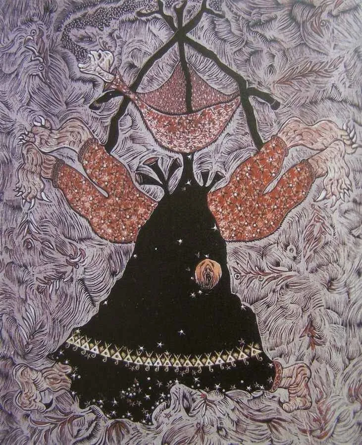 yakınlaştır "Siyah Kalemin Demonları" eseri HASAN KIRAN tarafından 2003 yılında 105x85 cm ölçülerinde Ağaç Baskı tekniği ile yapılmıştır.