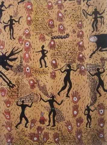 "Eski Yaşam" eseri HASAN KIRAN tarafından 2002 yılında 85x75 cm ölçülerinde Ağaç Baskı tekniği ile yapılmıştır.