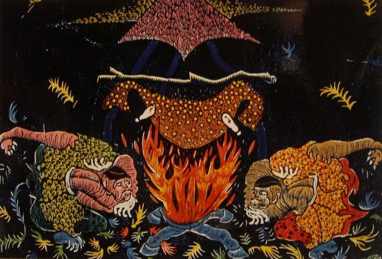 "Gece Büyücüleri" eseri HASAN KIRAN tarafından 2002 yılında 73.5x95 cm ölçülerinde Ağaç Baskı tekniği ile yapılmıştır.