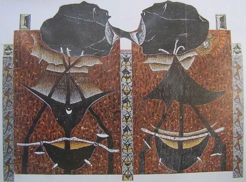 HASAN KIRAN — “İsimsiz”, 2001 "İsimsiz" eseri HASAN KIRAN tarafından 2001 yılında 145x172 cm ölçülerinde Ağaç Baskı tekniği ile yapılmıştır.