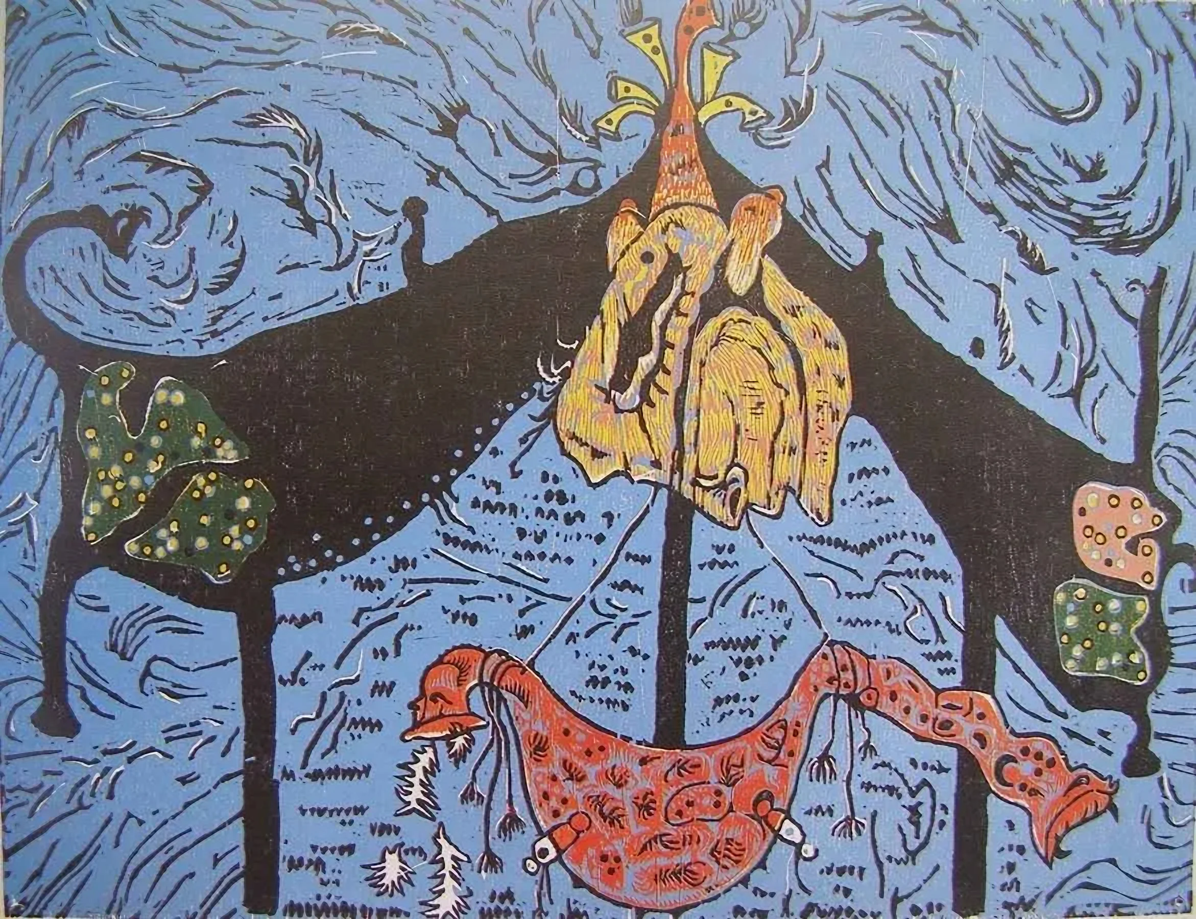 "Bilinçaltı Raflarından" eseri HASAN KIRAN tarafından 2001 yılında 73x95 cm ölçülerinde Ağaç Baskı tekniği ile yapılmıştır.