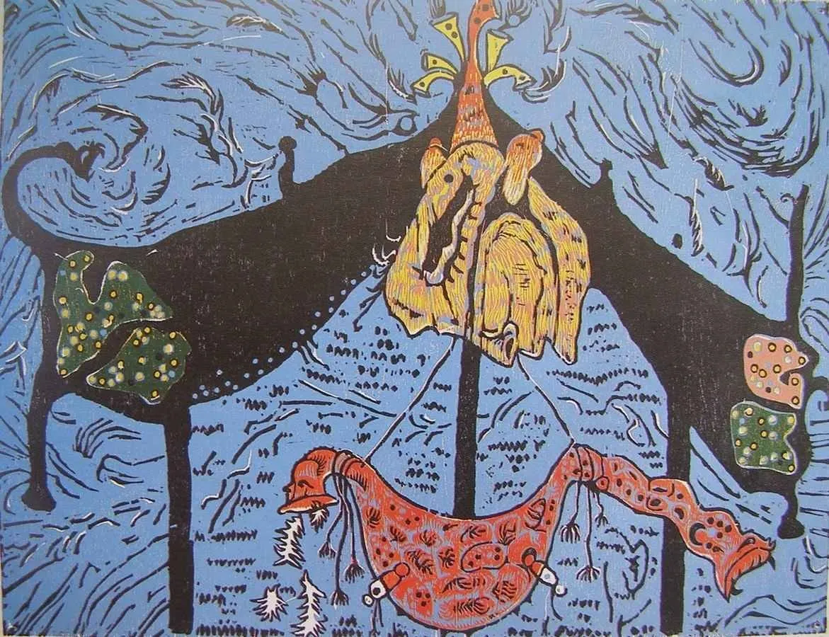 "Bilinçaltı Raflarından" eseri HASAN KIRAN tarafından 2001 yılında 73x95 cm ölçülerinde Ağaç Baskı tekniği ile yapılmıştır.