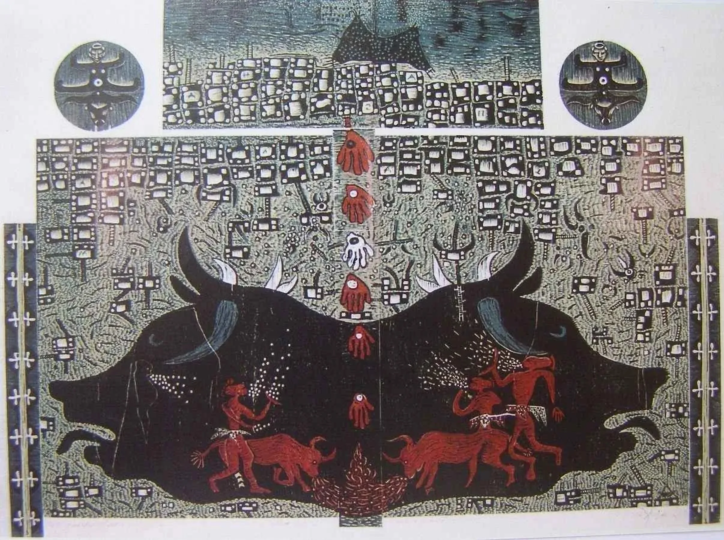 "Çatalhöyük" eseri HASAN KIRAN tarafından 2001 yılında 145x172 cm ölçülerinde Ağaç Baskı tekniği ile yapılmıştır.