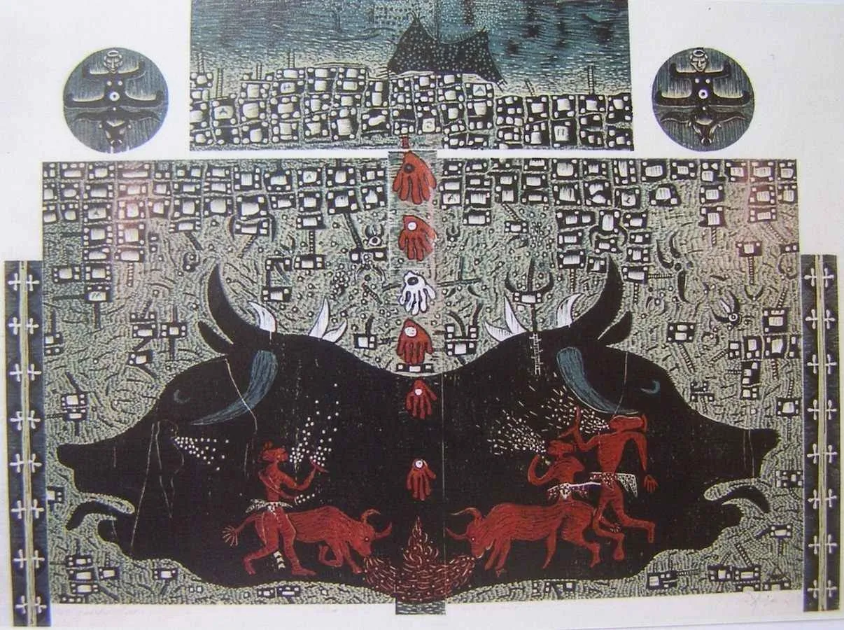 "Çatalhöyük" eseri HASAN KIRAN tarafından 2001 yılında 145x172 cm ölçülerinde Ağaç Baskı tekniği ile yapılmıştır.