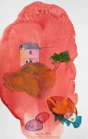 SEMİH KAPLAN — “Pinalı”, 2011 "Pinalı" eseri SEMİH KAPLAN tarafından 2011 yılında 56x40 cm ölçülerinde Kağıt üzeri sulu boya tekniği ile yapılmıştır.