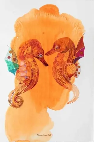 SEMİH KAPLAN — “Pinalı Kabuklu”, 2011 "Pinalı Kabuklu" eseri SEMİH KAPLAN tarafından 2011 yılında 56x38 cm ölçülerinde Kağıt üzeri sulu boya tekniği ile yapılmıştır.