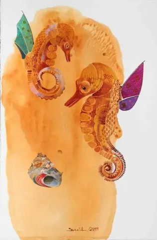 SEMİH KAPLAN — “Pinalı Kabuklu”, 2011 "Pinalı Kabuklu" eseri SEMİH KAPLAN tarafından 2011 yılında 56x38 cm ölçülerinde Kağıt üzeri sulu boya tekniği ile yapılmıştır.