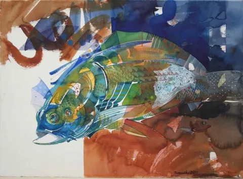 SEMİH KAPLAN — “Pinalı Kabuklu”, 2011 "Pinalı Kabuklu" eseri SEMİH KAPLAN tarafından 2011 yılında 56x76 cm ölçülerinde Kağıt üzeri sulu boya tekniği ile yapılmıştır.