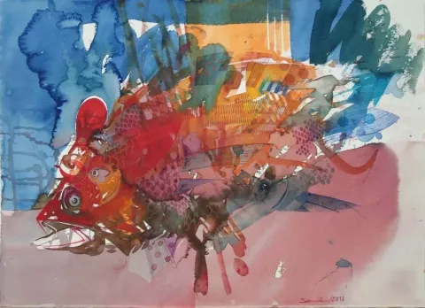 SEMİH KAPLAN — “Pinalı Kabuklu”, 2011 "Pinalı Kabuklu" eseri SEMİH KAPLAN tarafından 2011 yılında 56x76 cm ölçülerinde Kağıt üzeri sulu boya tekniği ile yapılmıştır.